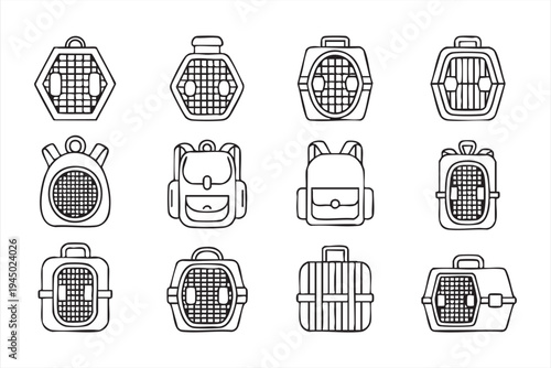 Animal transport crate and portable pet carrier outline icons for veterinary services and pet travel systems