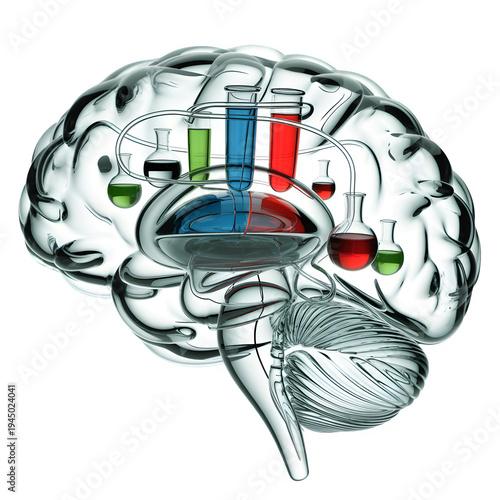 Transparent Brain Model Showing Neurotransmitter Vials in Cerebral Cortex