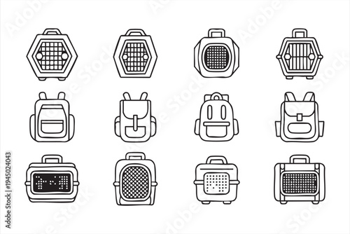 Pet travel cage and backpack icon set for animal care platforms and veterinary transport services