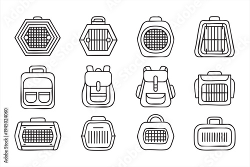 Portable pet carrier and animal travel crate line icons for veterinary clinics and pet service platforms