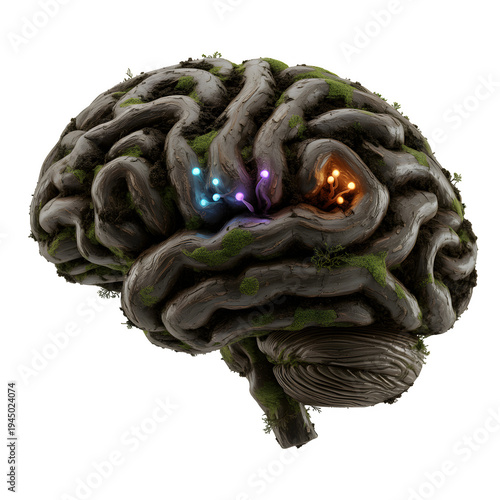 3D Rendered Human Brain with Glowing Neural Nodes Isolated on Black