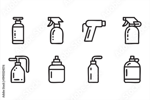 Cleaning spray bottle line icons for sanitation equipment, household hygiene products and maintenance supplies
