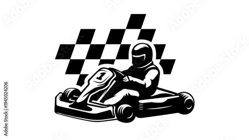Karting racer side view with checkered flag background