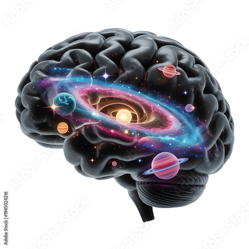 Human Brain Visualizing Cosmic Galaxy and Planets 3D Illustration