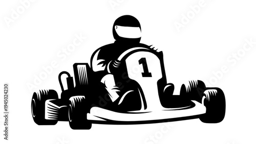 Go kart racer in action front view with number one on vehicle