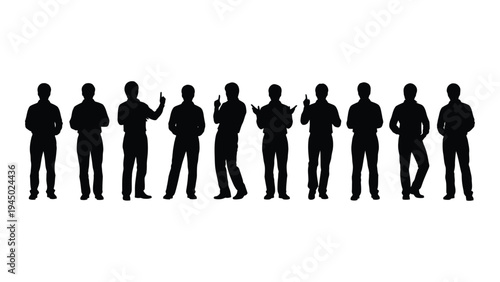 A group of diverse silhouetted people standing in various poses and gestures in a line on a white background for illustration or design purposes
