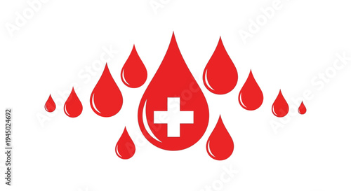 A striking arrangement of red blood droplets featuring a white cross symbol a stark silhouette