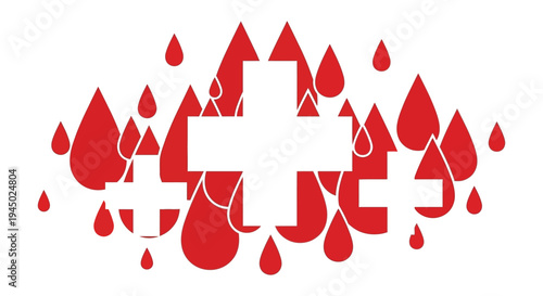 A striking red cross surrounded by droplet shapes creating a bold and impactful visual silhouette