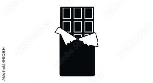 A minimalist black silhouette of a chocolate bar partially unwrapped showcasing broken pieces silhouette high quality