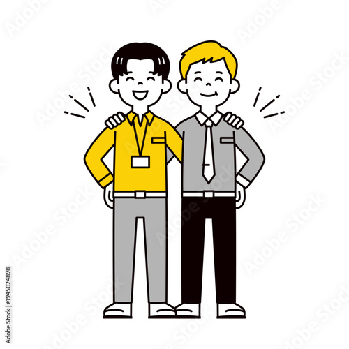 笑顔で肩を組む、若い2人の男性社員・ビジネスマンのシンプルな全身ベクターイラスト素材