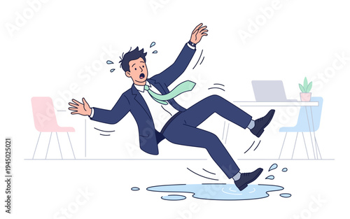 Businessman slipping on water floor.