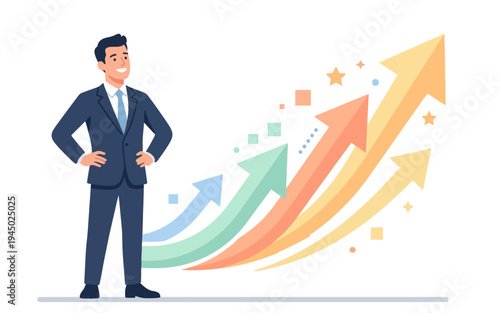 Confident businessman standing with hands on hips.