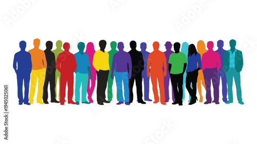Vibrant diverse group of people standing together in unity and harmony with various colors and silhouettes representing individuality and inclusivity