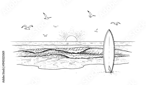 Vintage surfing beach panorama vector with surfboard waves sun and seagulls black and white sketch illustration