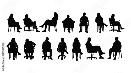 A comprehensive analysis of office chair silhouettes: exploring posture, comfort, and ergonomics in a modern workspace setting with various seated positions