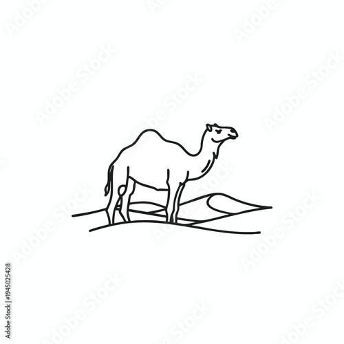 Stylized one-humped camel stands on desert dunes, line art