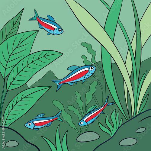 Neon Tetra Fish Swimming in Green Planted Aquarium