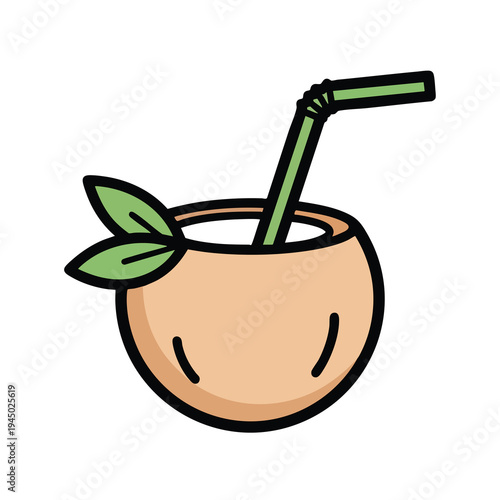 A simple, stylized illustration of a brown coconut with a green straw and leaves