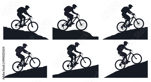 A series of black silhouettes depicting cyclists riding mountain bikes uphill a dynamic composition silhouette