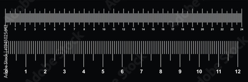 Ruler scales centimeters, inches markup, numbers. Measuring sticks. Distance, height, length measurement, sewing tool black mockup. Measuring chart, metric, imperial units icon template. scale icon. 