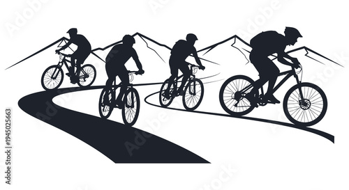 A group of mountain bikers ride along a winding path with mountain peaks a striking silhouette