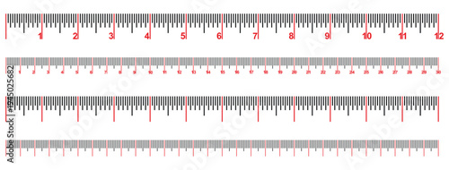 Ruler scales centimeters, inches markup, numbers. Measuring sticks. Distance, height, length measurement, sewing tool black mockup. Measuring chart, metric, imperial units icon template. scale icon. 