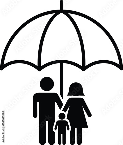 Minimal umbrella protecting family silhouette symbolizing safety care protection support shelter concept clean modern line vector icon