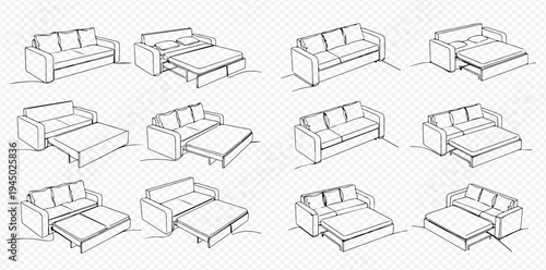 Set of hand-drawn sofa bed designs, showing different mechanisms for converting a sofa into a bed, with various styles of pull-out and fold-out features.