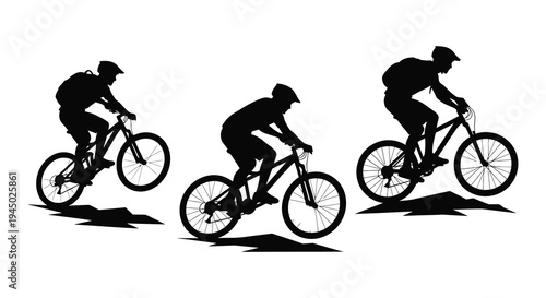 Three mountain bikers in action dynamically positioned against a white background silhouette high quality professional detailed
