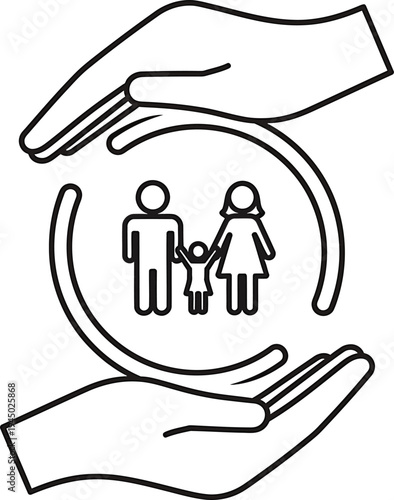 Minimal hands forming circle around family silhouette symbolizing protection support care unity community safety clean flat vector icon