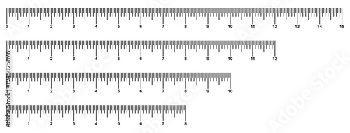 Measuring chart 8,10,12,15 inches. Set of ruler scales twelve, fourteen. Sewing tool icons. Length measurement math, distance, height. Measuring sticks. Distance, height, length measurement. 