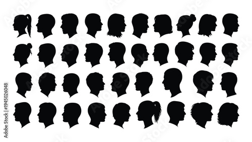Collection of diverse silhouette portraits of individuals with various hairstyles and facial features