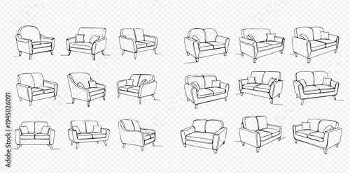 Set of hand-drawn sofa and armchair sketches for interior design concepts, furniture illustration collection.