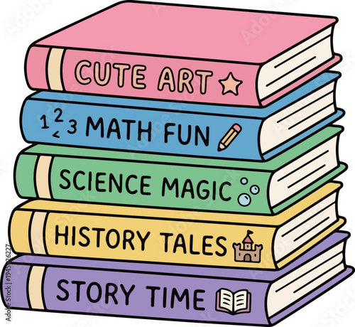 Cute Textbook Stack Character School Education Flat Vector Illustration