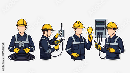 Set of Electrician Characters Working with Electrical Tools and Power Control Panel
