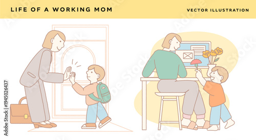 Working mom giving high five to child at door
