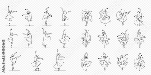 Set of graceful ballet dancer silhouettes in various dynamic poses, line art illustrations for performance and art concepts.