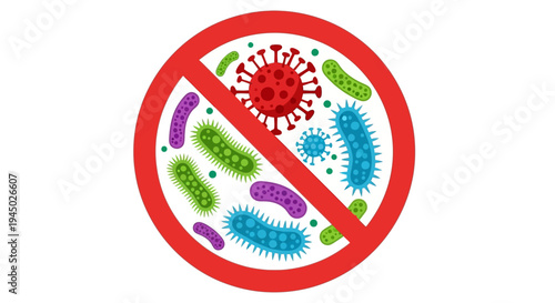 Graphic illustration of various germs and bacteria inside a red prohibition sign on a white background