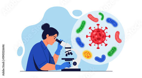 Illustration of a scientist examining a virus under a microscope with colorful microorganisms floating nearby.