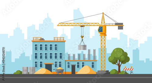 Illustration of a construction site with a crane and building in a cityscape with a tree and piles of sand