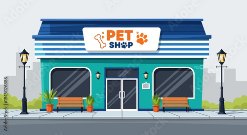 Illustration of a teal pet shop storefront with a white sign and blue awning on a city sidewalk