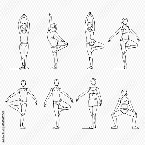 Set of continuous line drawings depicting various yoga poses and ballet positions, illustrating balance and flexibility.