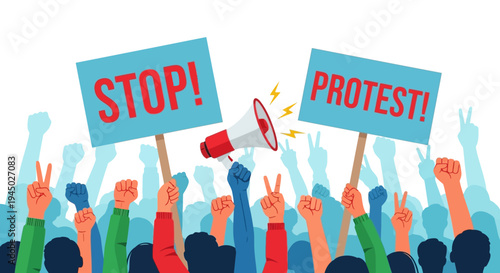 Illustration of a crowd protesting with signs and a megaphone in a vibrant, activist mood.