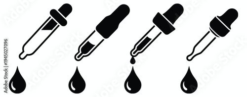 Dropper, pipette icon set with liquid drops, eyedropper serum dispenser and medicine drop silhouettes, laboratory and healthcare tool collection, editable vector illustration 