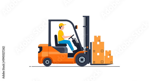 Illustration of a warehouse worker driving a forklift with boxes