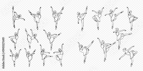 Set of graceful ballet dancer silhouettes in various poses, illustrating elegance and movement in dance.