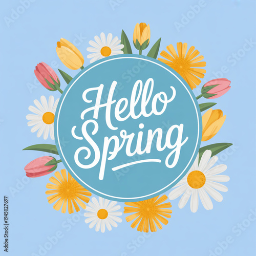 Colorful floral greeting card welcoming the arrival of spring season cheerfully