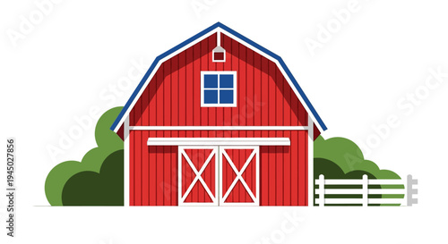 Illustration of a red barn with white trim and a fence