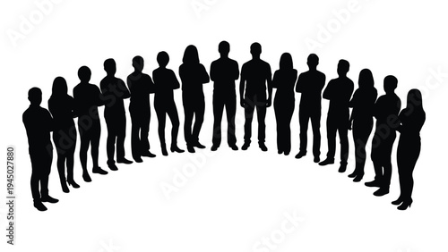 A group of diverse people standing in a semicircle formation, representing unity and togetherness in a minimalist and modern style