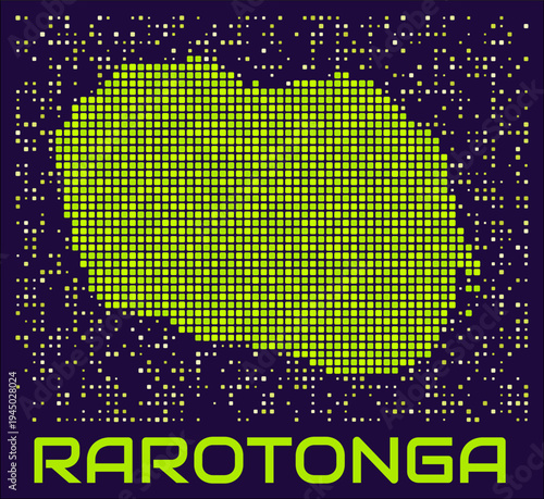 Rarotonga dots map. Cook Islands. Digital style shape of the island. Rarotonga map and title lime colored square dots with round corners. Classy Vector Illustration.